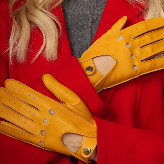 Yellow lambskin driving gloves, perforated details and touchscreen finger pad