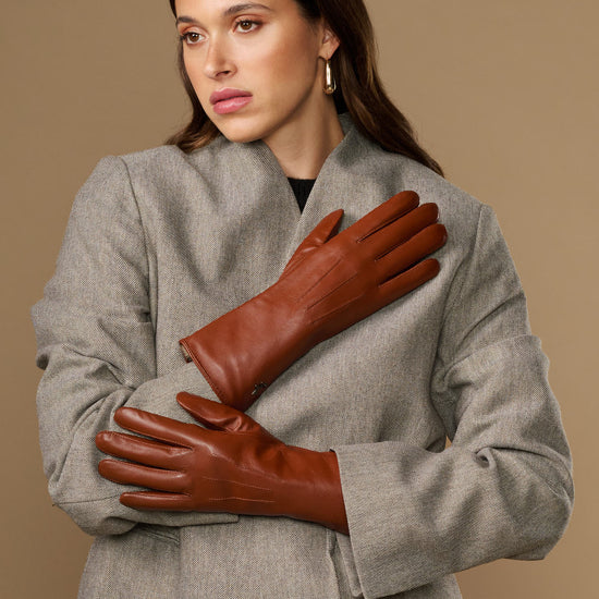 Women's lambskin gloves, extra-long cognac brown with rabbit-fur lined cuffs