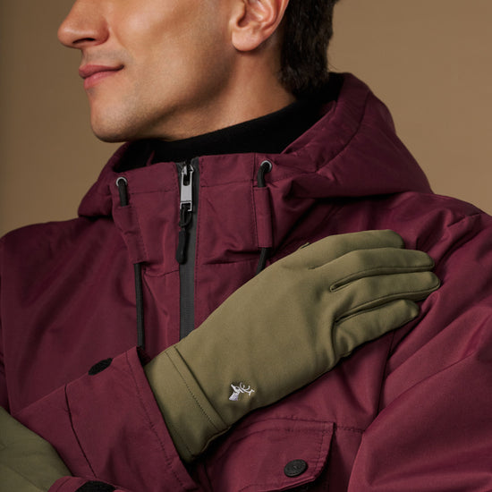 Olive green activity glove with stitched fingers and logo detail