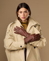 Brown lambskin leather gloves with gold-tone buckle, touchscreen, cashmere lining