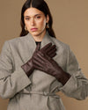Long dark brown leather gloves with smooth, fitted design