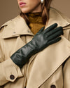 Dark green leather long gloves with smooth finish and hand-covering fingers