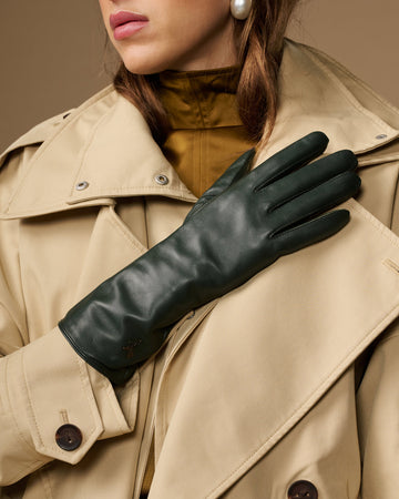 Dark green leather long gloves with smooth finish and hand-covering fingers