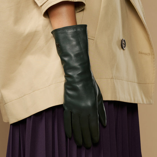 Dark green leather long glove with extended cuff and shaped finger panels