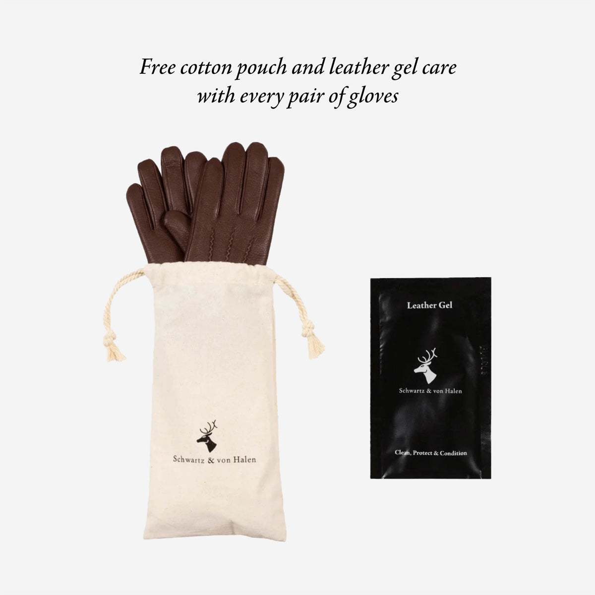 Leather gel care kit with cotton pouch and leather gloves