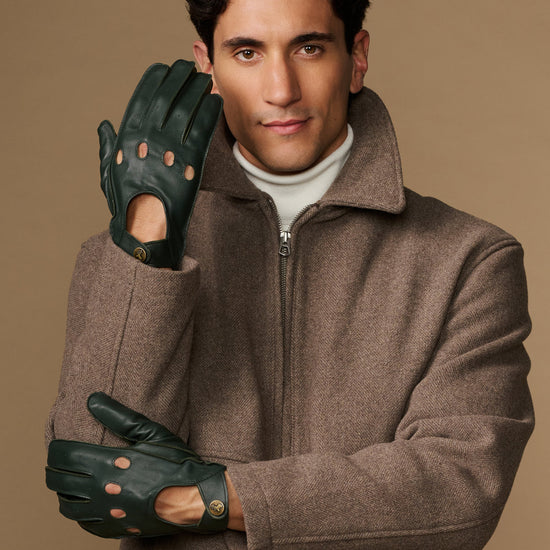 Men’s dark green lambskin driving gloves with touchscreen pads and button detail