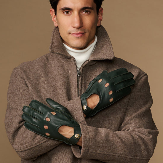 Men’s dark green lambskin driving gloves with perforated knuckles and touchscreen tips