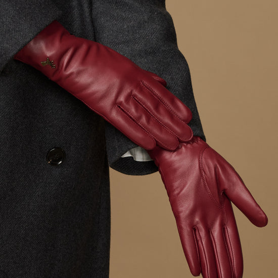 Bordeaux leather gloves for women with long cuff and stitched finger seams