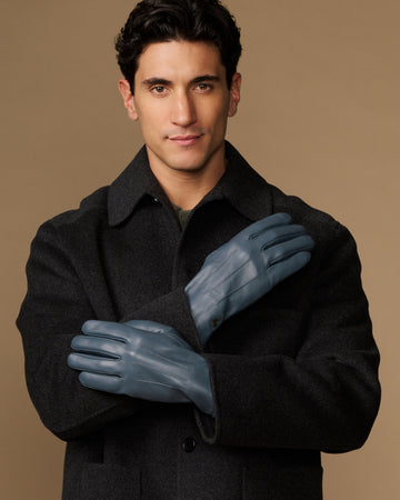 Blue sheepskin gloves with fleece lining, men's winter gloves