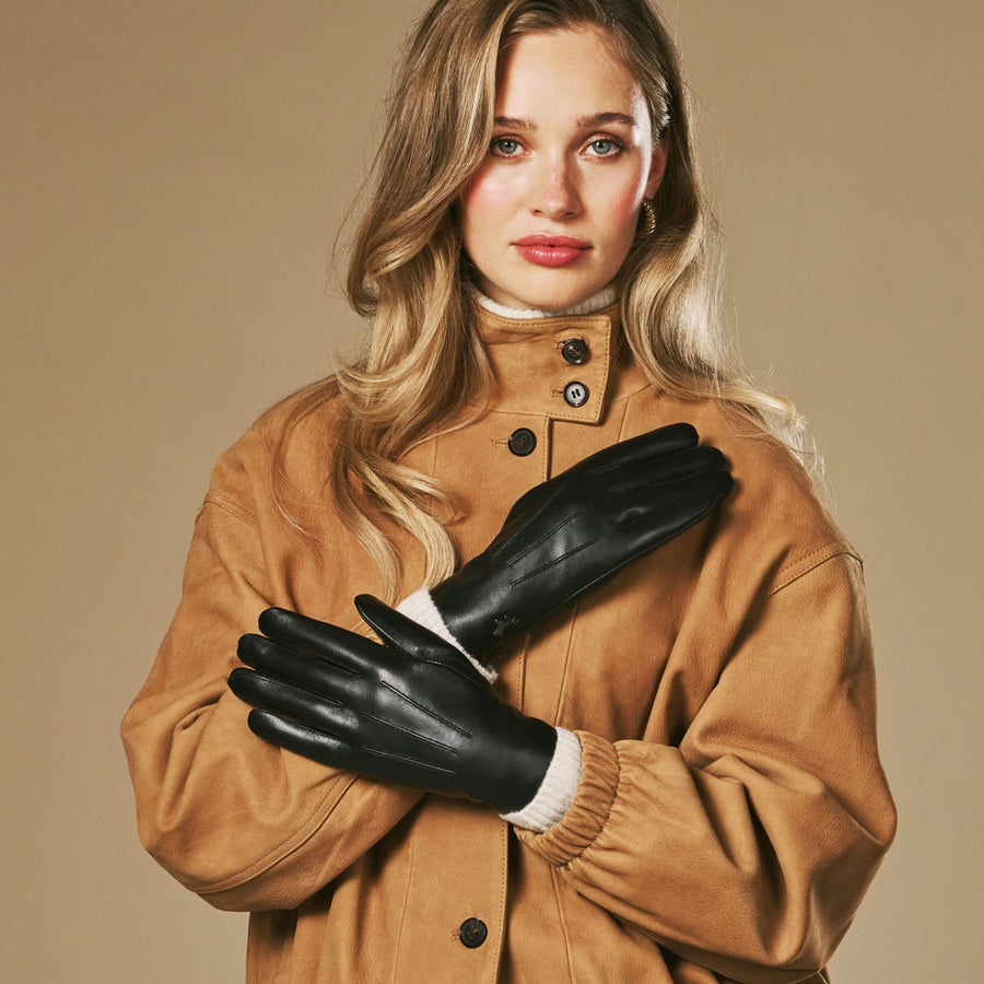 Jasmine (schwarz) - Damen-Lammlederhandschuhe mit luxuriösem Kaninchenfellfutter und Touchscreen-Funktion