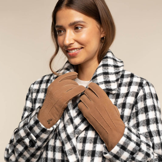 Josie (camel) - suede goatskin leather gloves with luxurious sheep fur lining  - Schwartz & von Halen - US - 7