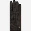 Women's black peccary leather gloves with short cuffs and textured finish