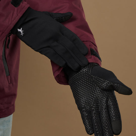 Black activity gloves shown palm-side with textured grip pattern