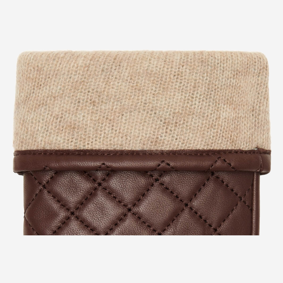 Brown glove cuff with knit wool trim and quilted leather seam
