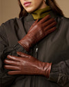 Cognac brown leather gloves, long cuffs, fitted fingers with warm fleece lining