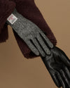 Women's herringbone tweed gloves and black leather hand panel