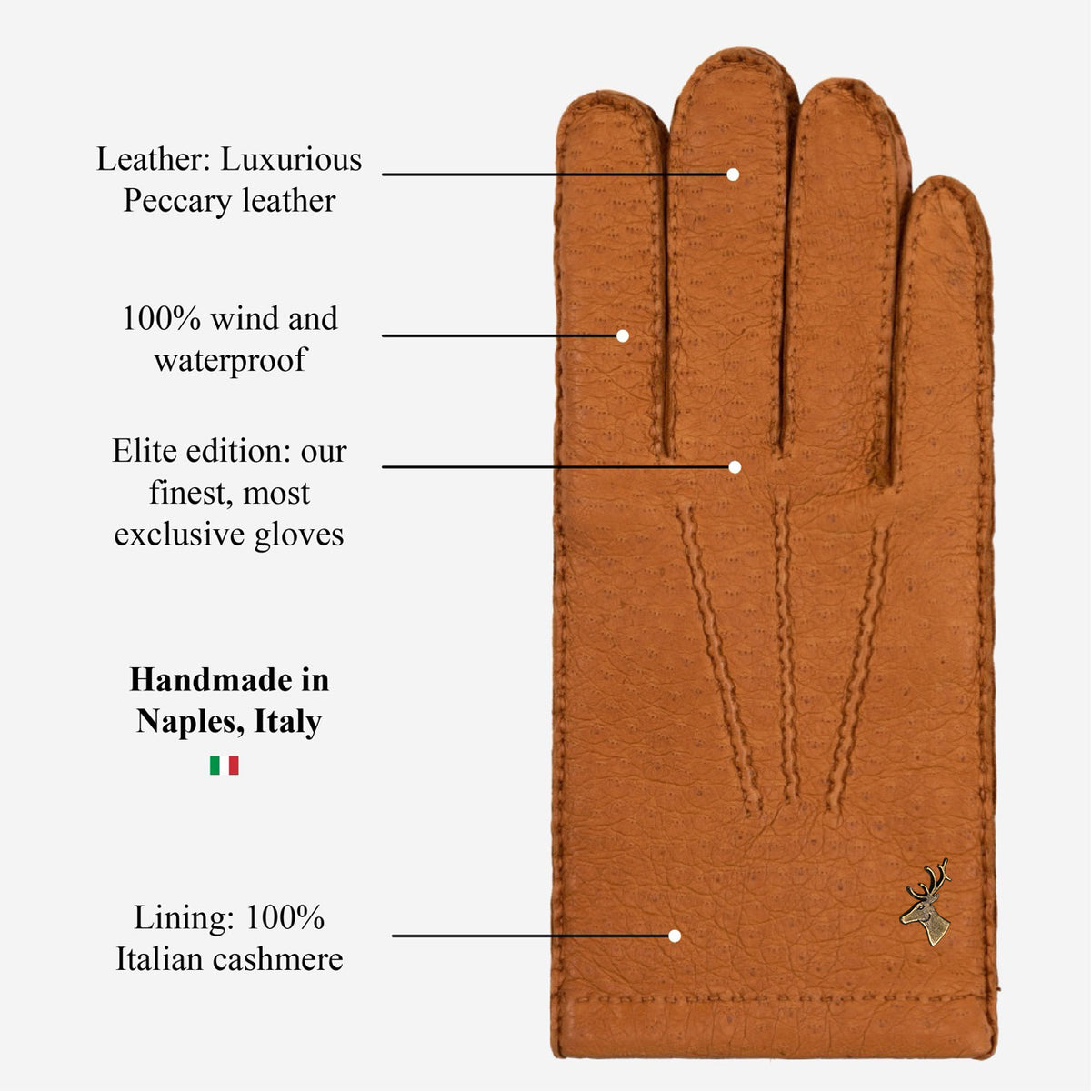 Cognac leather glove palm view with finger seams and stitched cuff