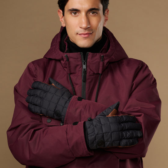 Men's insulated quilted touchscreen gloves, dark gray with brown accents