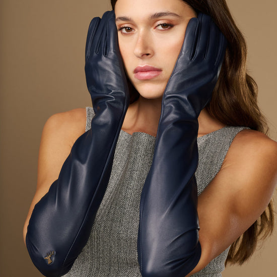 Women's blue lambskin elbow-length leather gloves with smooth knuckle panels