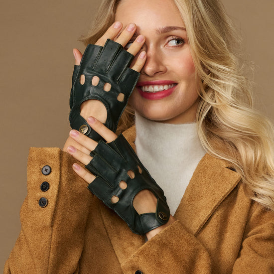 Dark green fingerless lambskin driving gloves with buttoned wrist straps