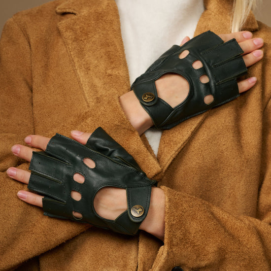 Dark green fingerless lambskin driving gloves, open thumb and fingerless cutouts
