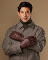 Brown leather gloves with warm fleece lining and press-stud cuff