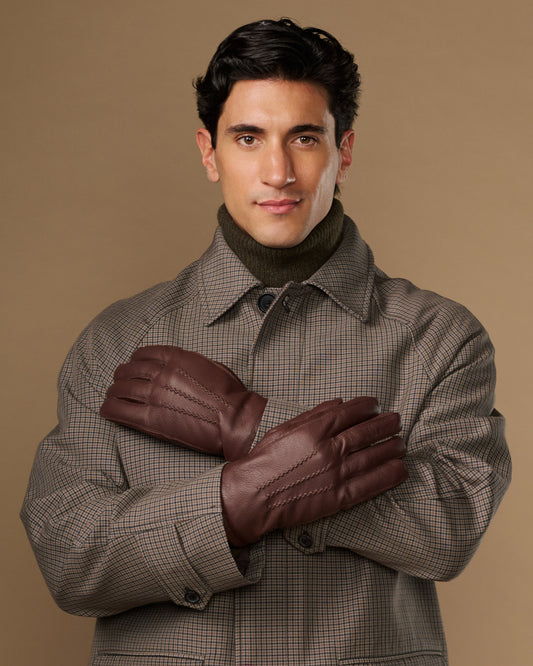 Brown leather gloves with warm fleece lining and press-stud cuff