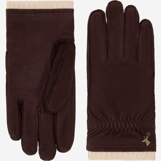Winston (dark brown) - Men’s nubuck leather gloves with thick primaloft lining and snap button closure